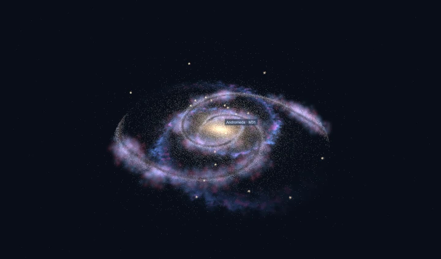 Andromeda reconstructed in Tuduni's Known Universe explorer, with a broad warm bulge, two illustrative spiral arms and star-forming clouds