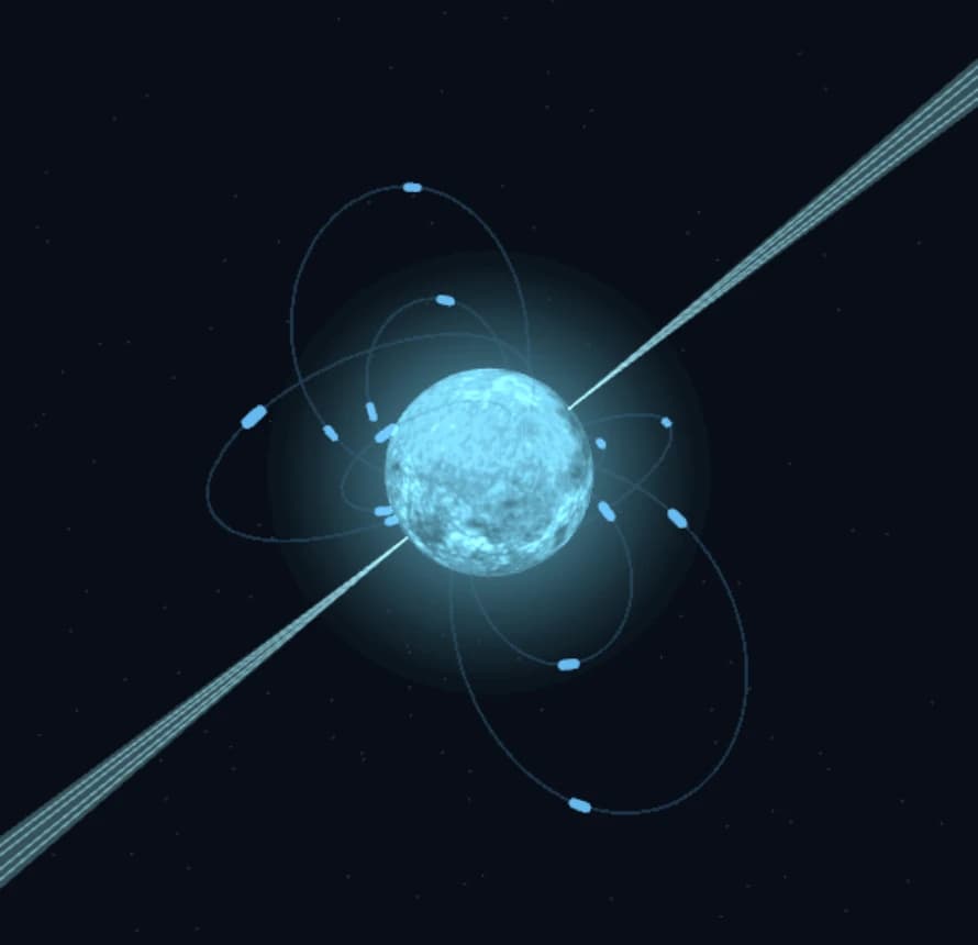 The simulator's blue-white neutron star with magnetic dipole loops and polar radiation beams
