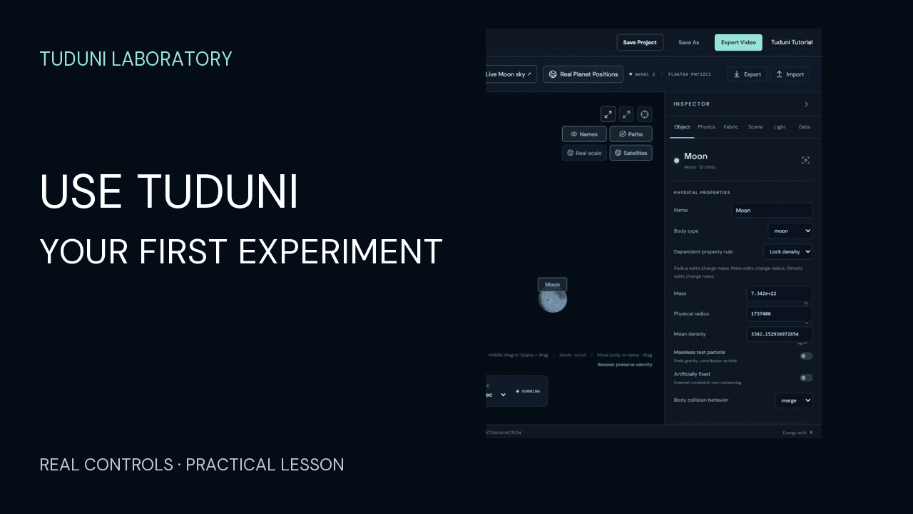 Moon selected in Tuduni Laboratory, with its object and simulation controls